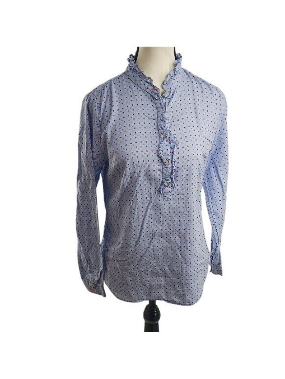 Talbots Blouse Women's XS Light Blue Multi Polka Dot Ruffle Cotton Top